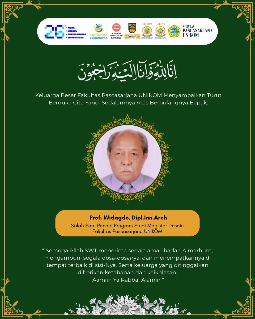 TURUT BERDUKA CITA ATAS BERPULANGNYA PROF. WIDAGDO, DIPL.INN.ARCH